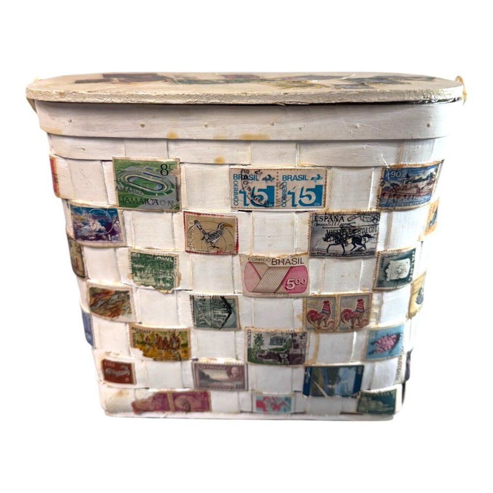 Vintage Stamp Decorated Woven White Picnic Basket Purse Lid Boho Kitsch Travel